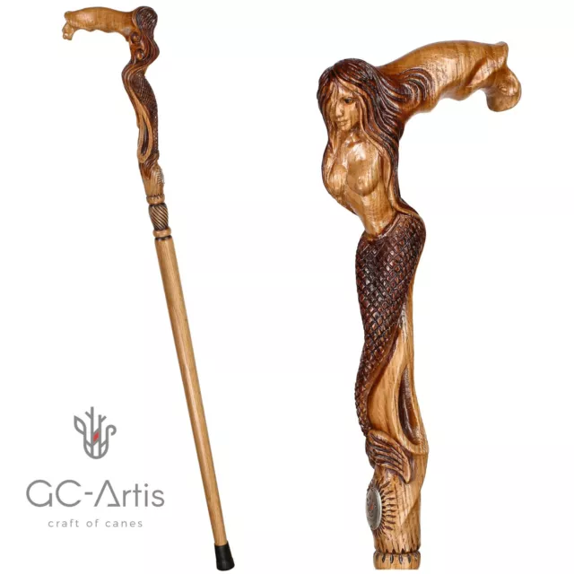 Mermaid Light Wooden Walking Cane Siren Stick Handmade hand crafted for men