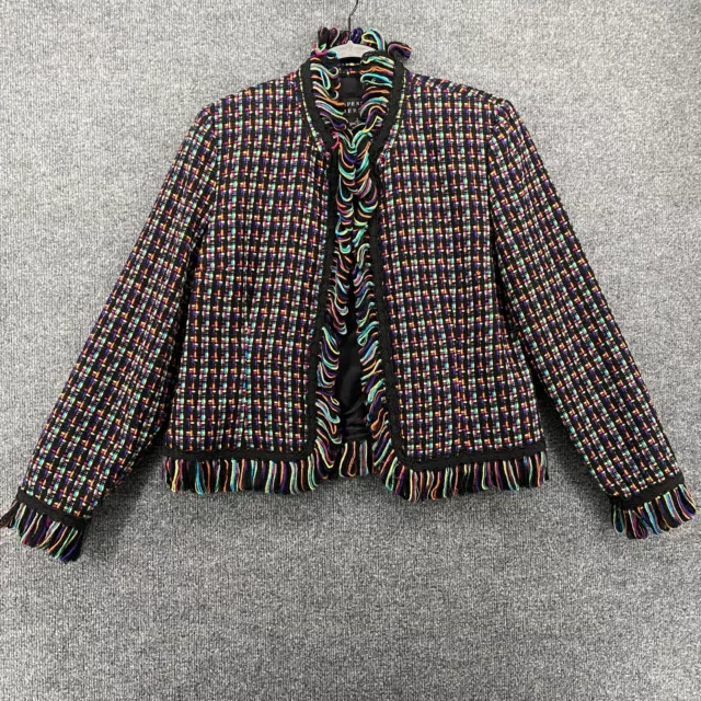 Spenser Jeremy Blazer Jacket Womens Size L Tweed Multicolor Open Front Fringe