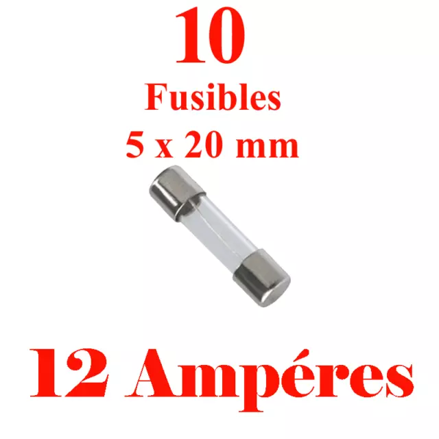 10 Fusibles en Verre 5 x 20 mm Rapide Puissance 12 Ampéres