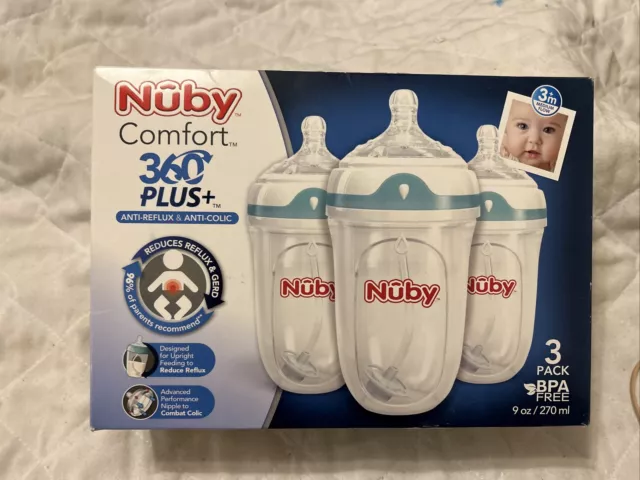Nuby Comfort 360 Plus+ Anti- Reflux & Anti-Colic. (3 Pack) 9 oz bottle 3+m