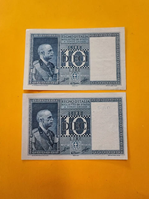 Coppia banconote Biglietti di Stato 10 lire serie Impero 1939 alta conservazione