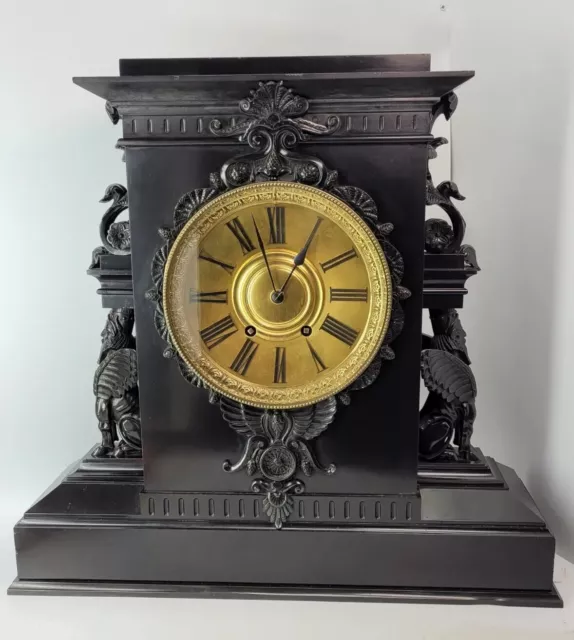 Monumental French  Black Slate Marble Bronze Mount Case Mantel Clock Chiming