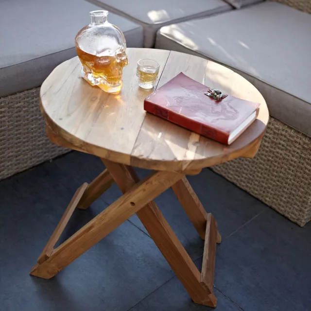 Recycled Teak Round Folding Coffee Side Table - 50cm - Handmade Bali Wooden