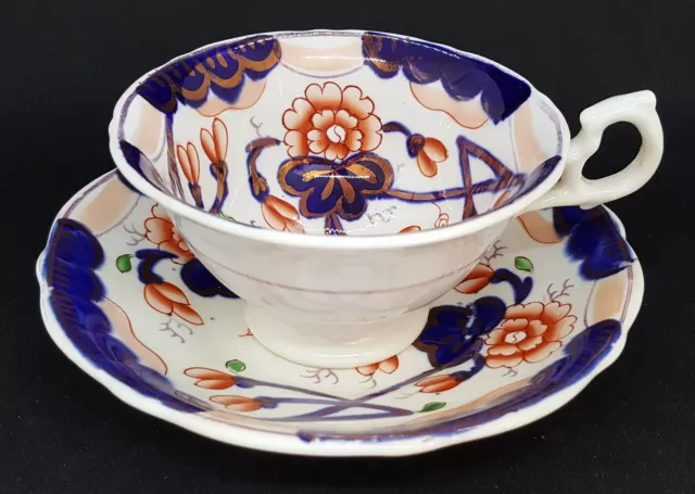 Gaudy Welsh vintage Victorian antique red & blue cup & saucer duo