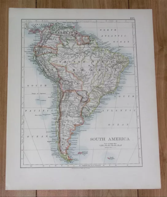 1896 Antique Political And Physical Map Of South America Brazil Argentina Chile