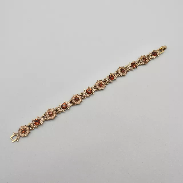 Monet Bracelet Amber Champagne Crystal Flower Links Gold Tone 7 Inch Chain