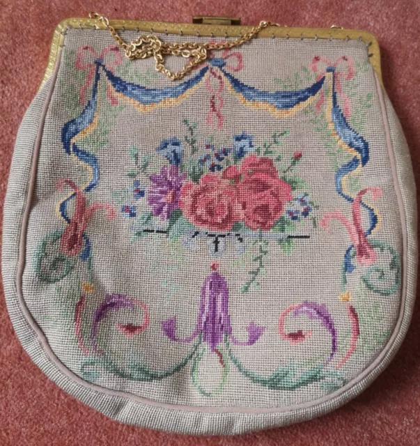 Antique Swags & Roses  Micro Petit Point Purse - Evening  Bag, Lucite Clasp