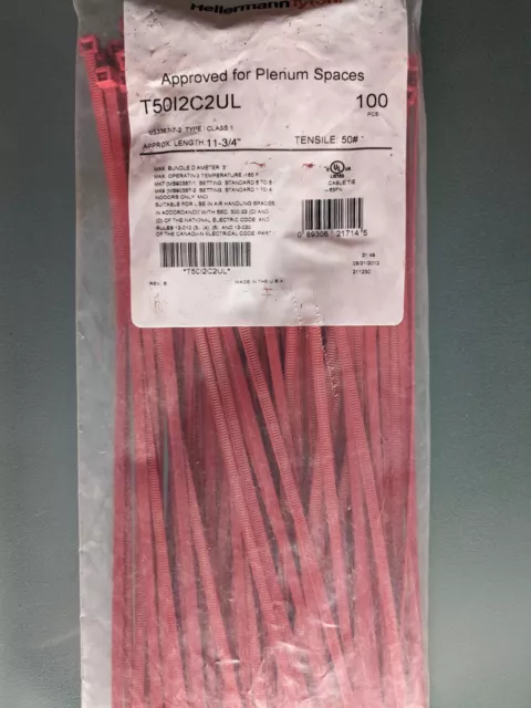 Hellermann Tyton T50I2C2UL Red Tie 11-3/4" Long 50lb Tensile Strength 100PCS