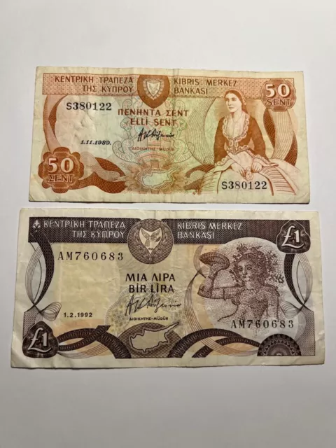 Cyprus 50 Cents 1992 and 1 Pound 1989, Circulated P-52 and P-50