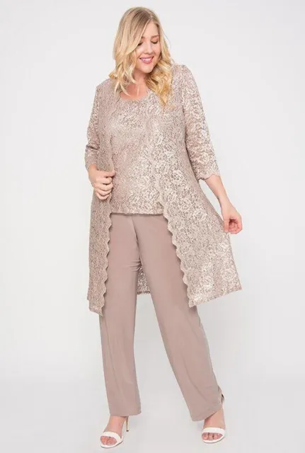 R & M Richards 3-Pc. Sequined Lace Pantsuit & Jacket CHAMPAGNE