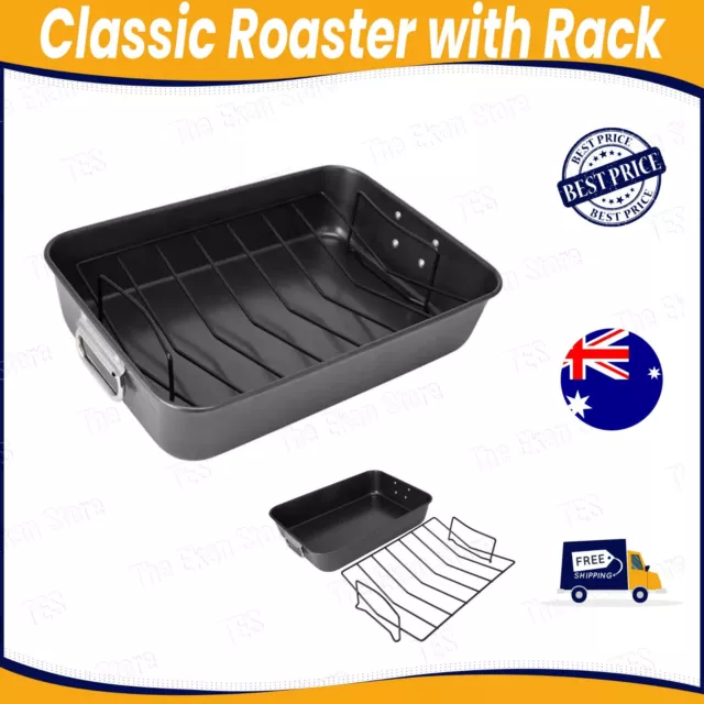 Classic Stainless-Steel Roasting Tin Baking Pan Tray 7.8x40x28cm with Grill Rack