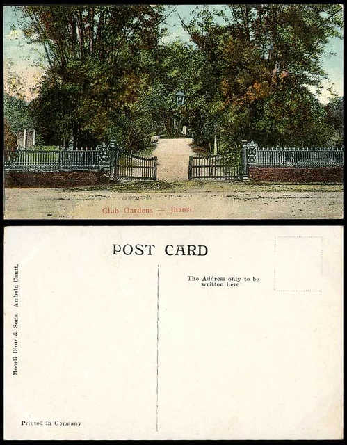 Indien alte farbige Postkarte DIE CLUBGÄRTEN, JHANSI, Eingangstor britisch-indisch