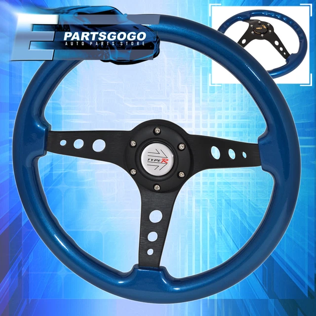 Universal 6 Bolt Blue Black Steering Wheel Silver Center Typer Button