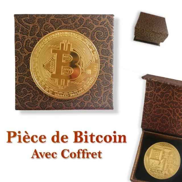 Pièce Bitcoin Médaille avec Coffret Crypto-monnaie Or Doré