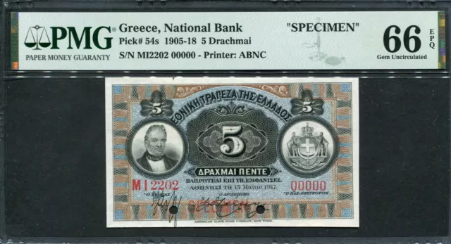 Greece 1905-1918, 5 Drachmai, P54s, Specimen, PMG 66 EPQ GEM UNC