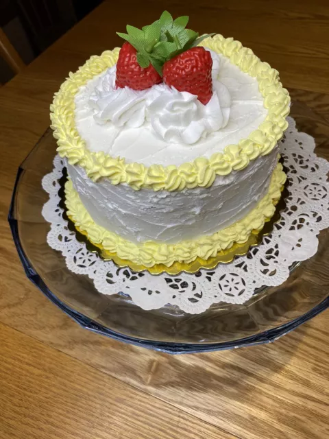 Fake Handmade White Cake W/Strawberries 6”x6” Yellow Trim 2