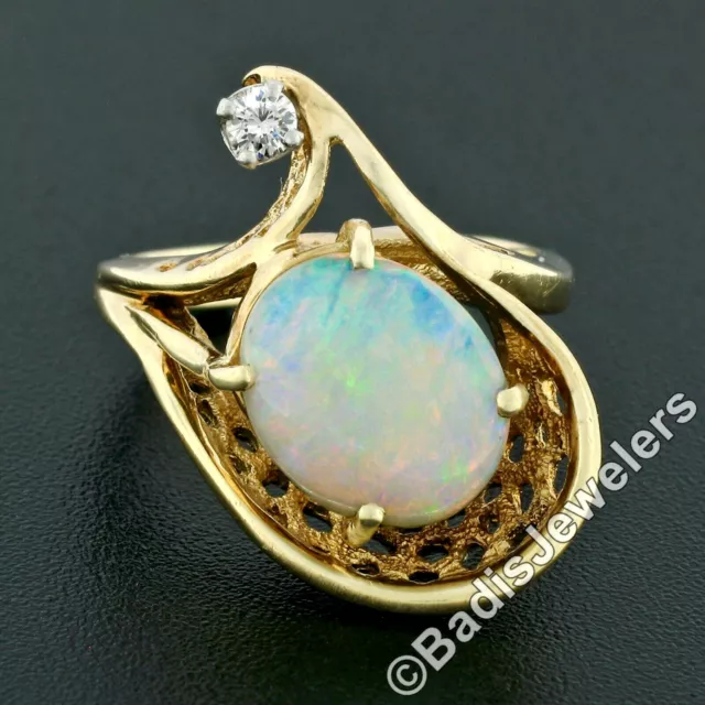 Vintage 14k Gold 2.07ctw Oval Opal Solitaire & Rund Diamant Akzent Korb Ring 2