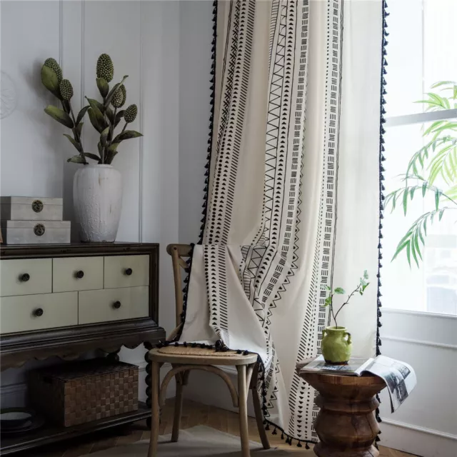 Semi Blackout Bohemian Style Cotton Linen Curtain with Tassel for Bedroom 1Piece