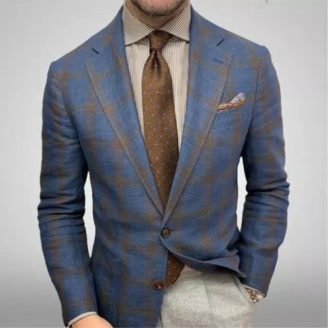 Mens Plaid Jacket Blazer Lapel Long Sleeve Jacket Casual Fashion Business Suit