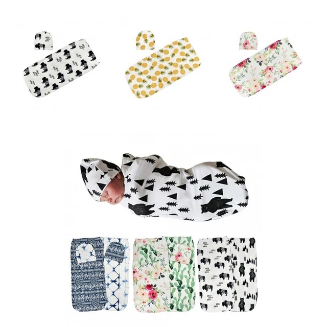 Juego de 2 piezas para bebé niño niña floral elástico pañal manta sombrero envoltura para la cabeza 98
