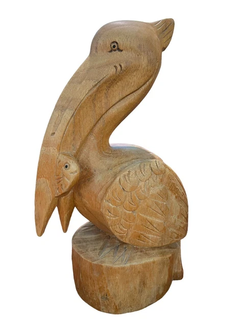 Chinaberry Carved Wooden 9x5" Pelican w/ Fish in Mouth Nautical Fisherman Decor