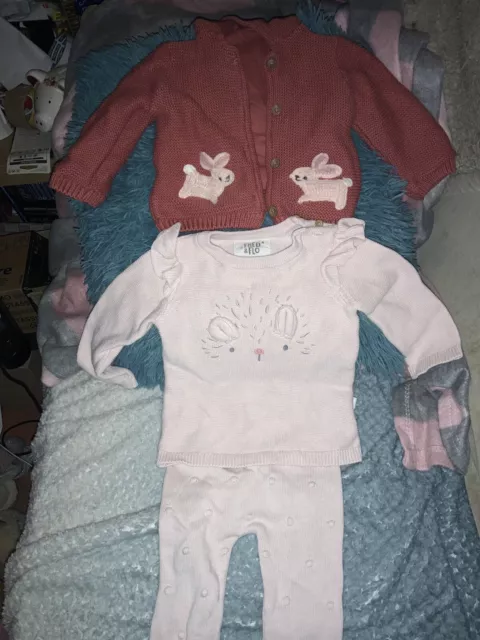 Baby Girls F & F Rabbit Pink Outfit And M & S Cardigan Age 6 - 9 Months