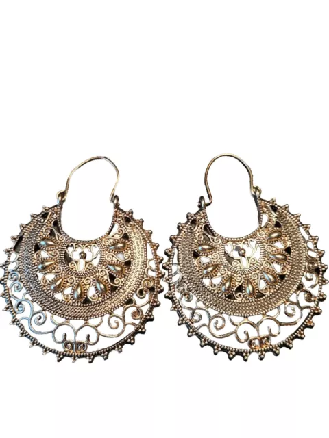 Middle Eastern Style Large Filigree Gold Tone Vintage Earrings B1