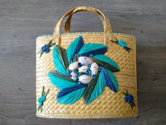 Vintage Woven Raffia Seashells Beach Hand Bag Purse Beach Bag