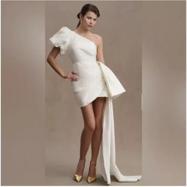 Sachin Babi 8 Evening Bride Dress Dove Ivory Mini Bow Train One Shoulder $398