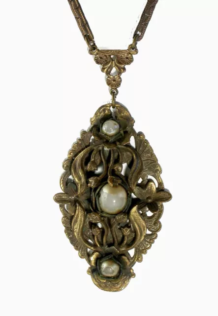 Antique Art Nouveau Victorian Floral & Faux Pearl Pendant Necklace Unique Chain