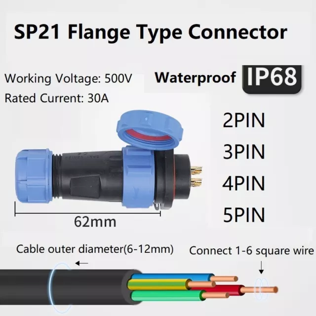 SP21 Bulkhead IP68 Waterproof Plug Socket Connect 500V / 30A Aviation Connector