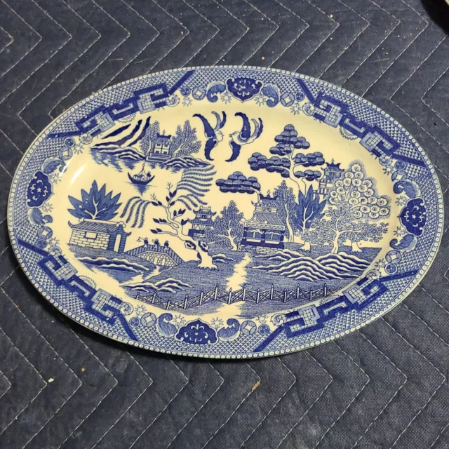 Antique Blue Willow Platter Oval Japan 12.5" x9" Vintage Serving Plate w/Crazing