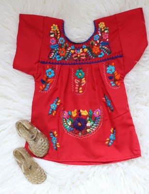 Mexican Baby Girls Red Dress Multicolored Embroidered flowered 2T