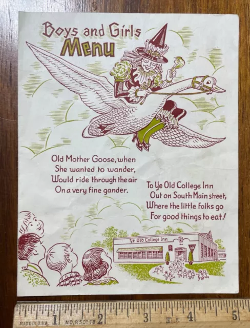 Vtg childrens kids menu Ye Old College Inn Houston TX Mother Goose Weis art