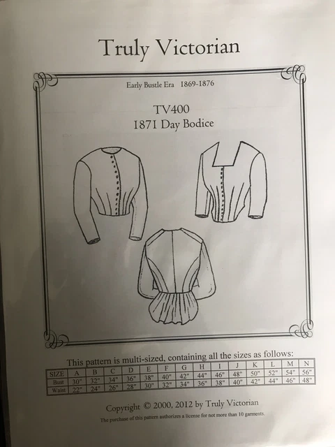Truly Victorian Sewing Pattern TV400 1871 Day Bodice Shirt Multi Sizes