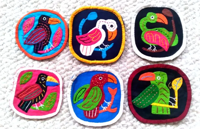 Lot of 6 Bird Parrot Kuna Tribe, Mola Style Panama Handmade Embroidery  Patches