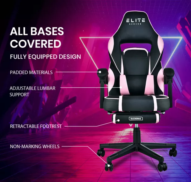 OVERDRIVE Gaming Chair Pink Racing Computer Office Ergonomic Reclining Footrest 2