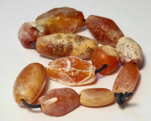 11 Ancient Rare Indo-Tibetan Carnelian Patinized Agate Beads