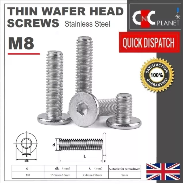 M8 Ultra Thin Wafer Flat Head Low profile Screws Bolt Allen Key Stainless Steel