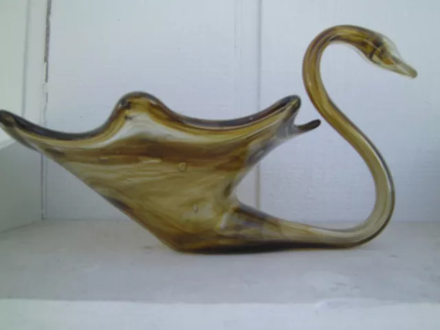 Vtg. Hand Blown Glass Art Swan Bowl Compote Swirl Amber Brown Murano Sculpture