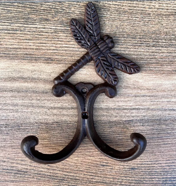 Vintage Look Cast Iron Double Wall Hook with Dragonfly Design – 25827