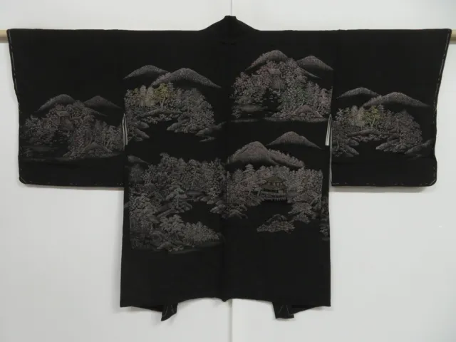 1320i09z520 Vintage Japanese Kimono Silk HAORI Black Scenery