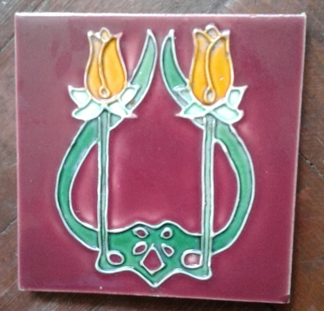 Vintage ART NOUVEAU Maroon floral 6"X6" WALL TILE