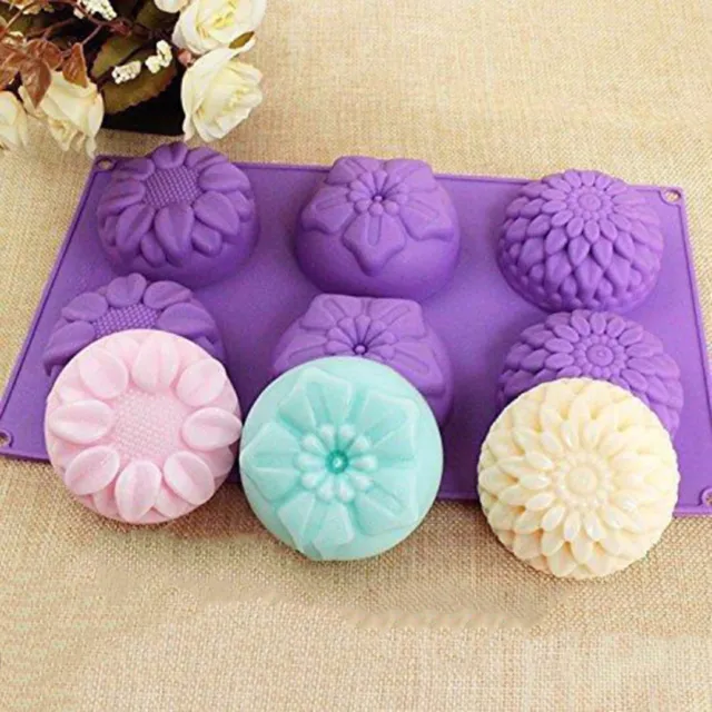6 cavidades púrpura silicona en forma de flor hágalo usted mismo jabón hecho a mano velas molde artesanal