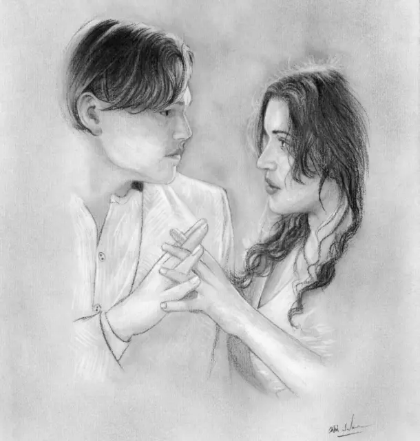 Dibujo de retrato a lápiz original de Jack y Rose con lápices de grafito y...