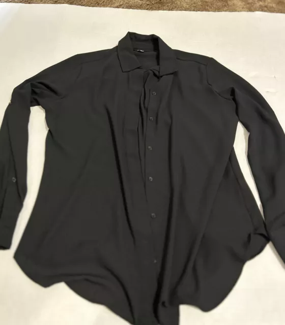 Mossimo Black Top Blouse Size Small Womens Roll Tab Sleeves Button Up N26