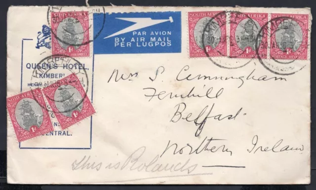South Africa - 1936 Queens Hotel Kimberley Airmail Cover to Belfast, Ireland