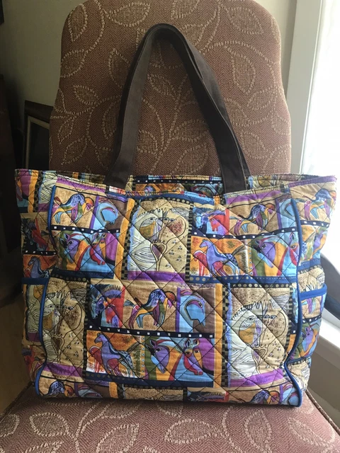 Laurel Burch Horse Quilted Multicolored Bag Tote Weekender Brown Orange Blue EXC