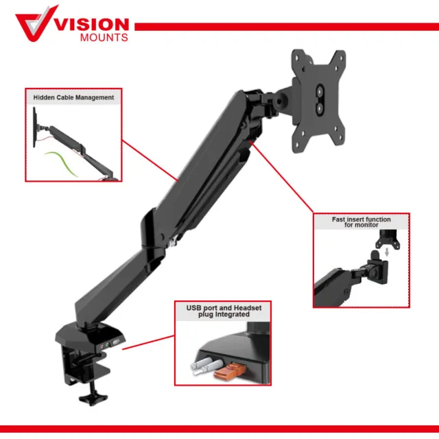 Monitor Stand Arm Mount Desk Holder Single Gas Spring Bracket to 32'' 8kg VESA