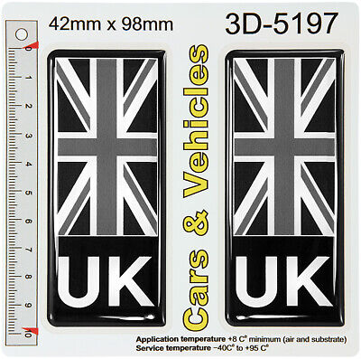 2x UK Union Jack Bandiera Targa Lato Adesivi Nero Gel Bombata Decal Distintivi